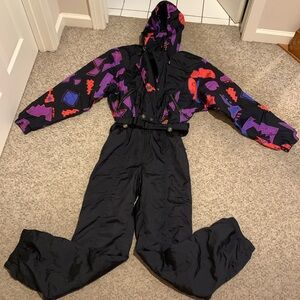 Vtg Nils black Colorblock neon geometrical one pc ski hooded ski suit sz XS-S